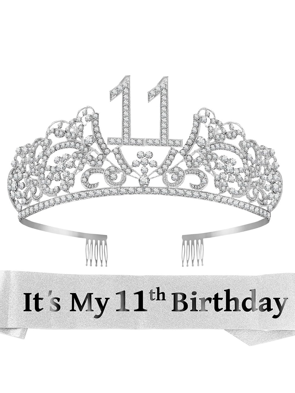11th Birthday Silver Rhinestone Tiara Headband for Kids